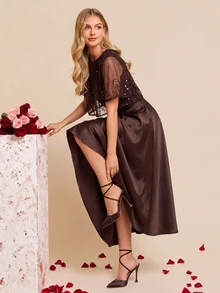 Amorya Women's Mesh Patchwork Top And Solid Color Skirt Fashion 2 Pieces Set - Brown - View 7