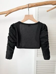 SHEIN Young Girl 1件裝抓皺袖前開襟秋季外套，4-7歲百搭外衣，適合外出、上學、居家、度假、日常穿著與搭配 - 黑色 - 查看 2