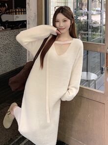 DAZY Autumn Winter V-Neck Long Sleeve Loose Fit Cream White Sweet Slouchy Women's Sweater Dress - White - View 7