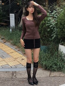 DAZY Solid Color Fitted Oversized Scoop Neck Long Sleeve Drawstring Tie Elegant Vacation Spring Autumn Pullover Knit Sweater - Brown - View 5