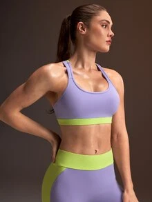 Powerista Women's All Seasons High Support Sports Bra Purple And Green Color Clash With Crisscross Back Straps And Two Tone Design For Active Workouts - Purple - View 4