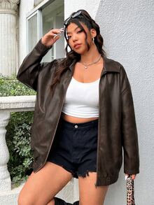 Muchica Plus Size Distressed PU Leather Loose Jacket - Coffee Brown - View 7