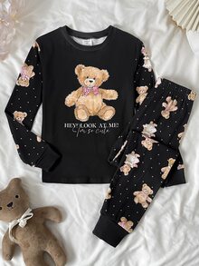 SHEIN Tween女孩秋冬日常居家甜美卡通螢光波點卡通熊蝴蝶結印花長袖套頭上衣與配套長褲套裝，2件式黑色修身居家服套裝 - 黑色 - 查看 3