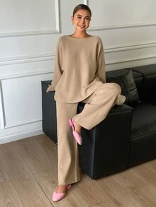 Livesso 女款秋冬優雅純色蝙蝠袖針織衫與針織長褲兩件套 - 杏色 - 查看 6