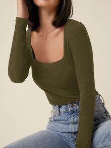 SHEIN BASICS 女款休閒純色方領修身T恤上衣 深綠色 日常與夜生活穿搭 秋季 - 軍綠色 - 查看 4