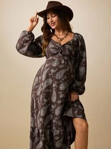Boho Mama Maternity Vacation Paisley Pattern Twist Design Long Sleeve Casual Dress - Coffee - View 6