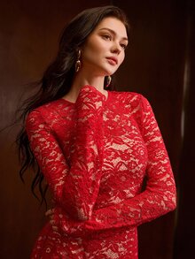 MOTF PREMIUM WOMEN'S ELEGANT DELICATE LACE DRESS AND BLAZER 2 PIECES SET - Red - View 4