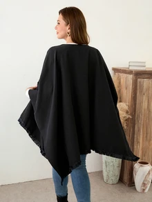 EMERY ROSE Cardigan Syal Rumbai Modis Warna Polos Ukuran Plus Wanita - Hitam - View 2