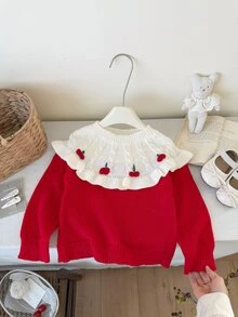 SHEIN Vintaside Kids 女童開學季秋冬紅色甜美毛衣，絲綢蕾絲下擺，優雅公主娃娃風，柔軟紗線，萬聖節、新年、聖誕節適用 - 彩色 - 查看 3