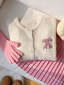 Comfortcana Women's Autumn/Winter Casual Cute Fairy Bow Embroidery Cardigan Brunch Pink - Apricot - View 4