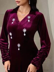 Veilorie 女款優雅派對水鑽裝飾長洋裝 - 酒紅色 - 查看 2