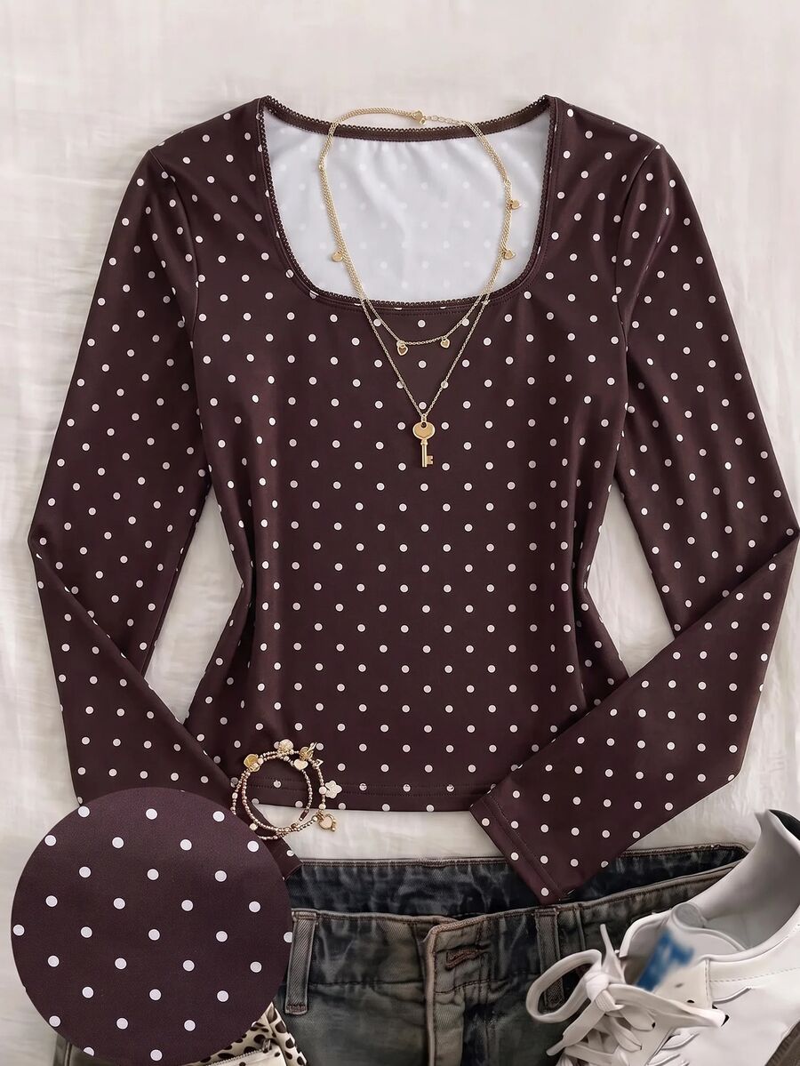 SHEIN Tween Girl Tween Girl Tween Girls T-Shirts, Large Scoop Neck Elastic Slim Fit All-Match Versatile Minimalist Long Sleeve T-Shirt, Comfortable - Brown - View 1