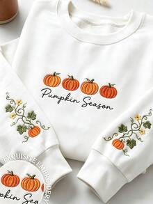 IslaSuriya Women's Pumpkin Embroidered Regular Fit Crew Neck Drop Shoulder Long Sleeve Sweatshirt - White - View 3