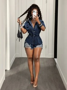 BamGleam 女款蝙蝠袖鈕扣半開襟做舊休閒牛仔連身褲 - 深色水洗藍 - 查看 5