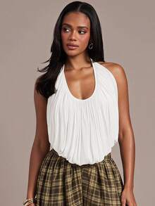 Hauture Women's Sexy Casual Cowl Neck Ruched Chiffon Backless Top - White - View 3