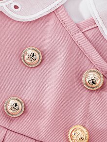 SHEIN Elladie kids 少女蕾絲刺繡百褶洋裝，大領設計百褶下擺連身裙，適合日常通勤休閒返校季穿著 - 粉色 - 查看 9
