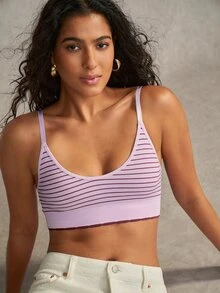Esseday Randig bralette med U-ringning, trådlös, justerbara smala axelband och kontrasterande fåll, inner-topp för kvinnor - Rosa - Visa 7