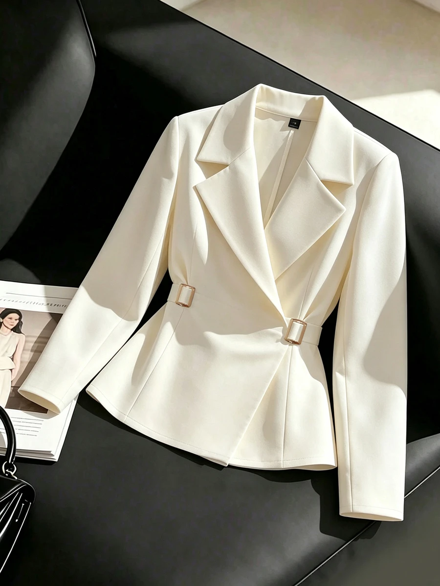 GlowEve French Style Lapel Waist-Cinching Solid Color Slim Fit Flattering Commute Interview Versatile Short Jacket - Apricot - View 1