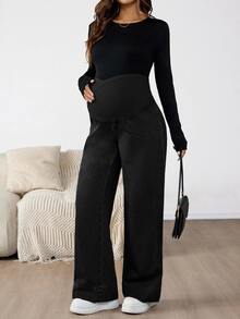 SHEIN Maternity Asymmetric Waist Wide Leg Loose Casual Denim Jeans Fall Clothes - Black - View 4