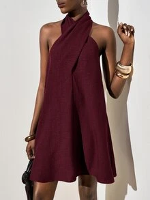 Zivah Women's Solid Color Criss-Cross Halter Neck Casual Mini Dress - Burgundy - View 3