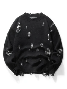 Chillumni Men's Distressed Design Casual Versatile Long Sleeve Sweater - Black - View 1