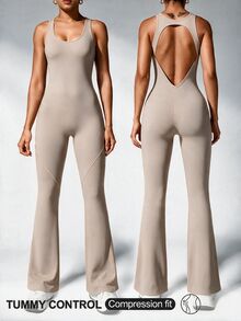 Slayform Slayform Solid Color Backless Sleeveless Sports Jumpsuit - Beige - View 3