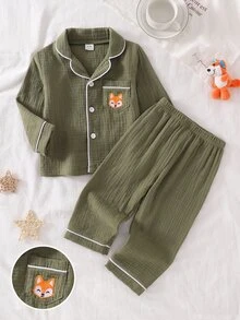 2pcs Baby Boy Comfortable Soft Cotton Crinkle Fabric Forest Green Collared Button-Up Pocket Embroidered Cute Fox Pattern Collar Placket Cuff Trim Design Long Sleeve Pants Cotton Woven Set - Multicolor - View 7