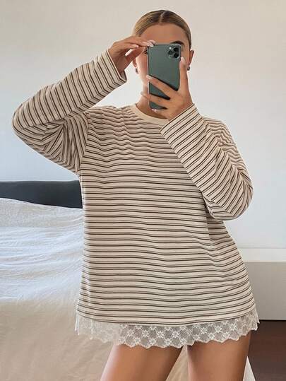 DAZY Women's Colorblock Striped Contrast Lace Trim Loose Long Sleeve Crew Neck Casual Streetwear Vacation Autumn/Winter Sweatshirt