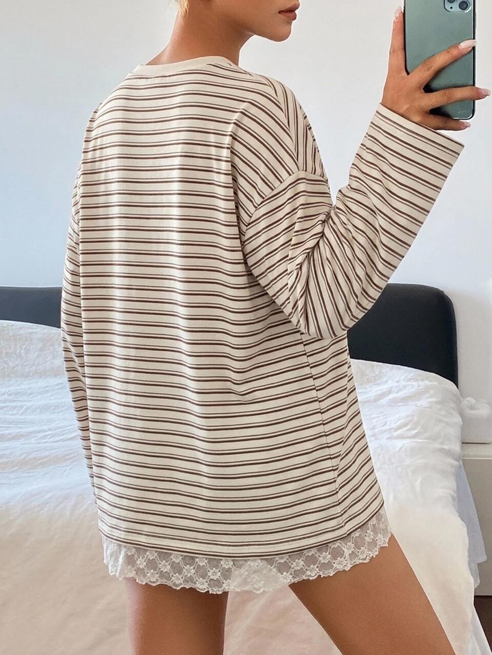 Women's Colorblock Striped Contrast Lace Trim Loose Long Sleeve Crew Neck Casual Streetwear Vacation Autumn/Winter Sweatshirt