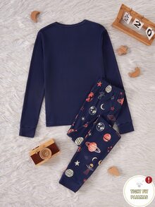 Tween Boys' Blue Base Minimalist Fashion Cartoon Pattern Print Long Sleeve Long Pants Snug Fit Loungewear - Navy Blue - View 2