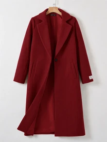 SHEIN EZwear 女款格紋羊毛大衣，內裡字母圖案，秋冬款 - 酒紅色 - 查看 5