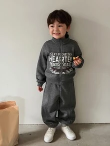 DAZY Baby Boy Slogan Print Zip-Up Jacket And Long Pants Casual Set Fall - Grey - View 2