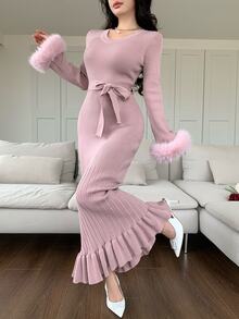 Feyla New French Design V-Neck Cinched Waist Furry Ruffle Cuff Sexy Elegant Lady Style Knit Dress - Dusty Pink - View 4