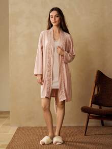 MOTF PREMIUM WOMEN'S SOLID COLOR CONTRAST LACE LONG ROBE WITH WAIST TIE - Beige - View 4