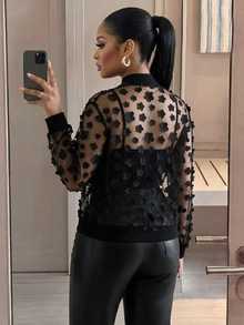 SHEIN Lady Plus Size Autumn Fashion 3D Floral Decor Mesh Jacket - Black - View 2