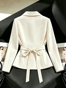 GlowEve French Style Lapel Waist-Cinching Solid Color Slim Fit Flattering Commute Interview Versatile Short Jacket - Apricot - View 2