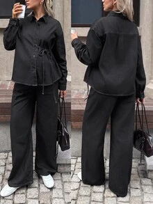 SHEIN 孕婦上衣與牛仔褲2件套秋季女裝 秋冬 正式商務 時尚基本款 哥德風 萬聖節聖誕節節慶 - 黑色 - 查看 1