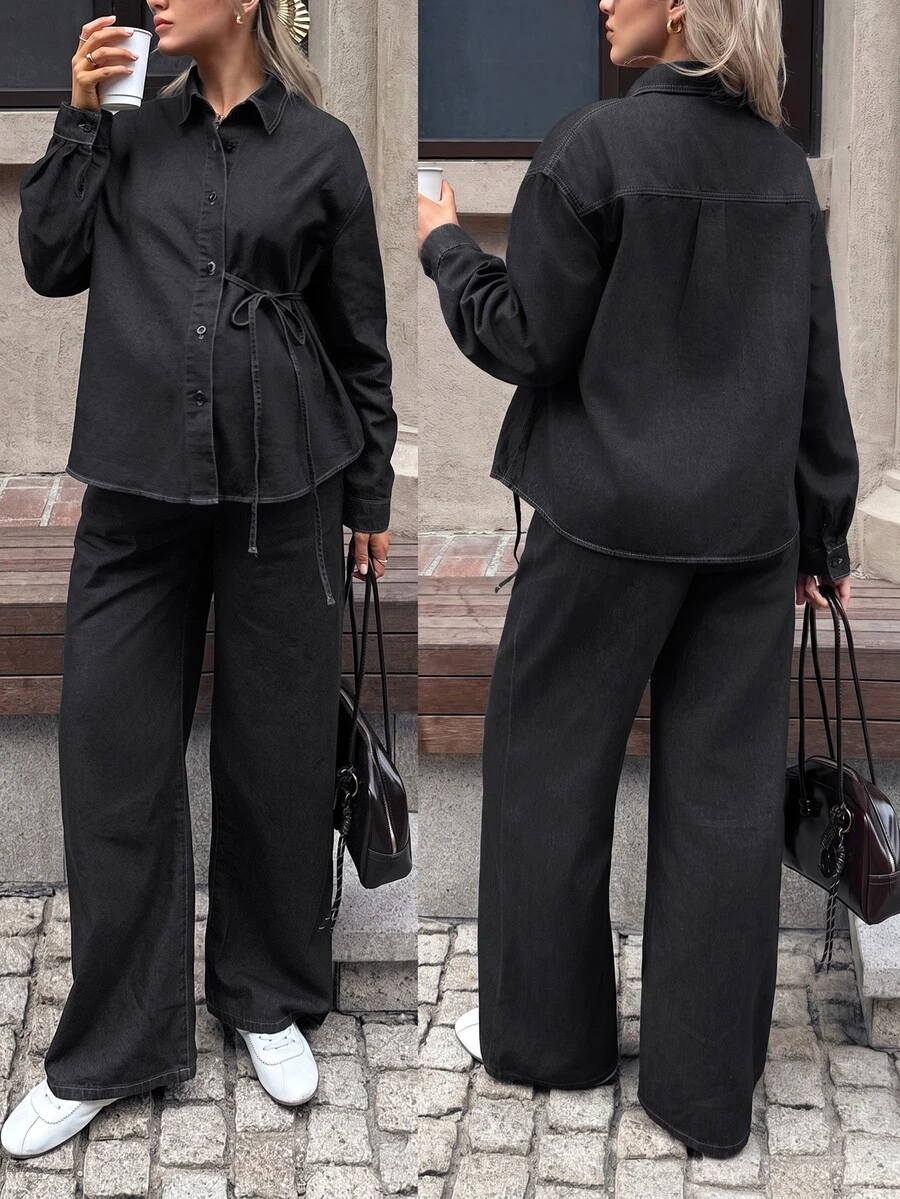 SHEIN 孕婦上衣與牛仔褲2件套秋季女裝 秋冬 正式商務 時尚基本款 哥德風 萬聖節聖誕節節慶 - 黑色 - 查看 1