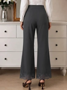 Modelyn Women's Elegant Lace Trim Patchwork Flare Pants - Dark Grey - View 3