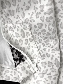 青少年女孩雙面豹紋連帽拉鍊外套，淺灰色滿版印花寬鬆落肩休閒衛衣，適合春秋穿著 - 彩色 - 查看 5