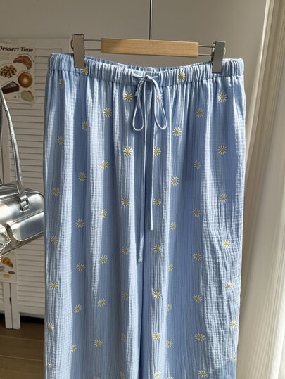 Comfortcana Plus Size Women's Spring/Summer Daisy Embroidered Waist Tie Long Pants