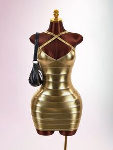Amplova Women's Metallic Fabric Sexy Mini Dress - Gold - View 3