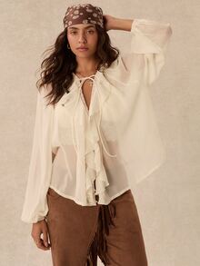 Easelle Vintage Bohemian V-Neck Ruffle Lace Patchwork Women's Blouse - Apricot - View 7