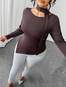 Elenzga Plus Size Maillard Brown Sexy Cold Shoulder Top With Rhinestone Ribbon Scarf, Elastic Slim Fit Slit Long Sleeve Base Layer Fall - Brown - View 6