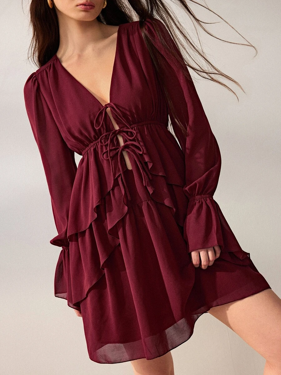 Willow Rêve Women's Burgundy High Waist Ruffle Hem Chiffon Dress, Multi-Tie Deep V Neckline, Solid Color Romantic Sweet & Spicy Bohemian Style, Suitable For Vacation, Date, Party Wear - Brown - View 1