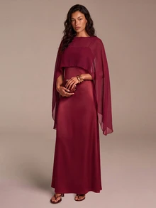 COSMINA Women's Solid Color High-Low Hem Top And Camisole Dress Elegant 2 Pieces Set Wedding Dinner Burgundy Red Autumn - Burgundy - View 1