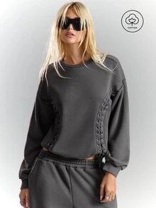 BAD SUNDAY Women's Autumn/Winter Y2K Lace-Up Long Sleeve Crew Neck Sweatshirt, Streetwear Chic - Dark Grey - View 1