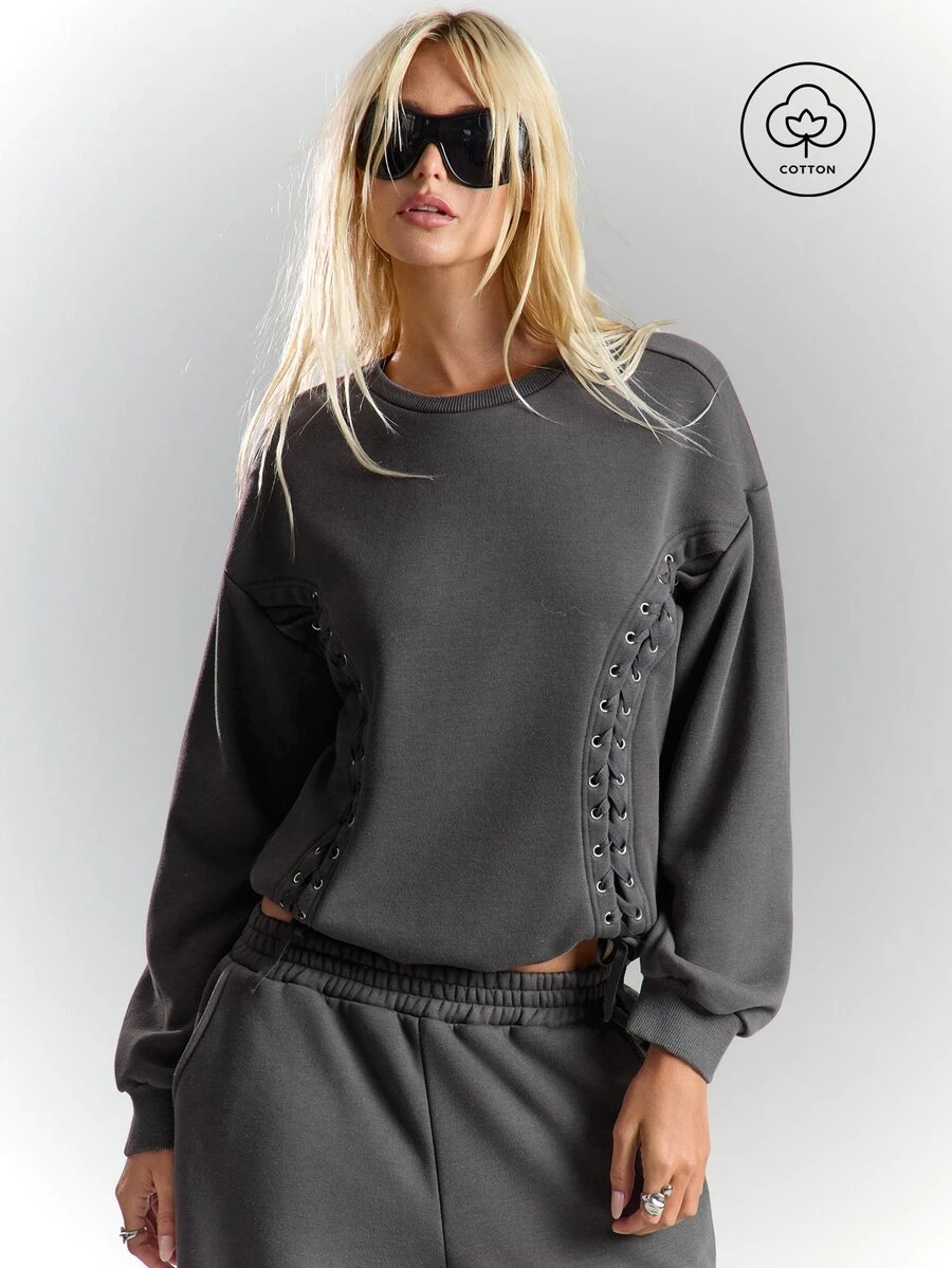 BAD SUNDAY Women's Autumn/Winter Y2K Lace-Up Long Sleeve Crew Neck Sweatshirt, Streetwear Chic - Dark Grey - View 1