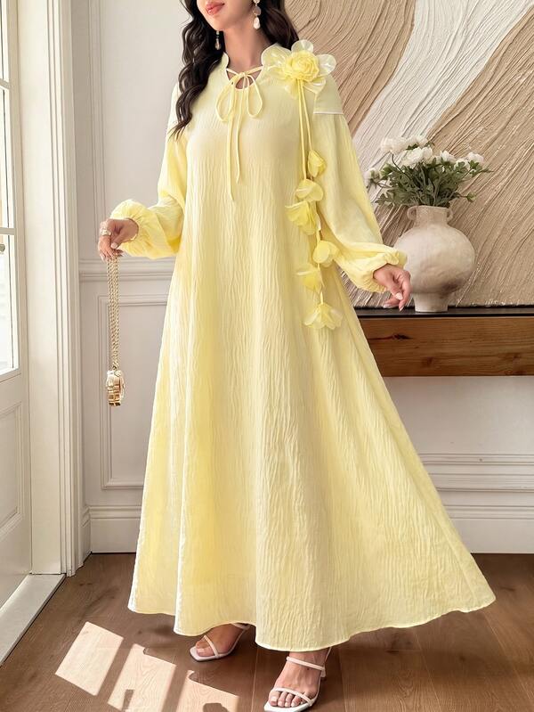 Yasmyna Women's Arabian Dress With Stand Collar, Contrast Color Buckle Strap, 3D Floral Accents, Contrast Color Lantern Long Sleeves And Full Skirt Butter Yel