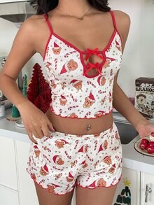 ZzzCrew Women's Slim Fit Christmas Bear Print Bow Decor Camisole & Shorts Pajama Set - Multicolor - View 6